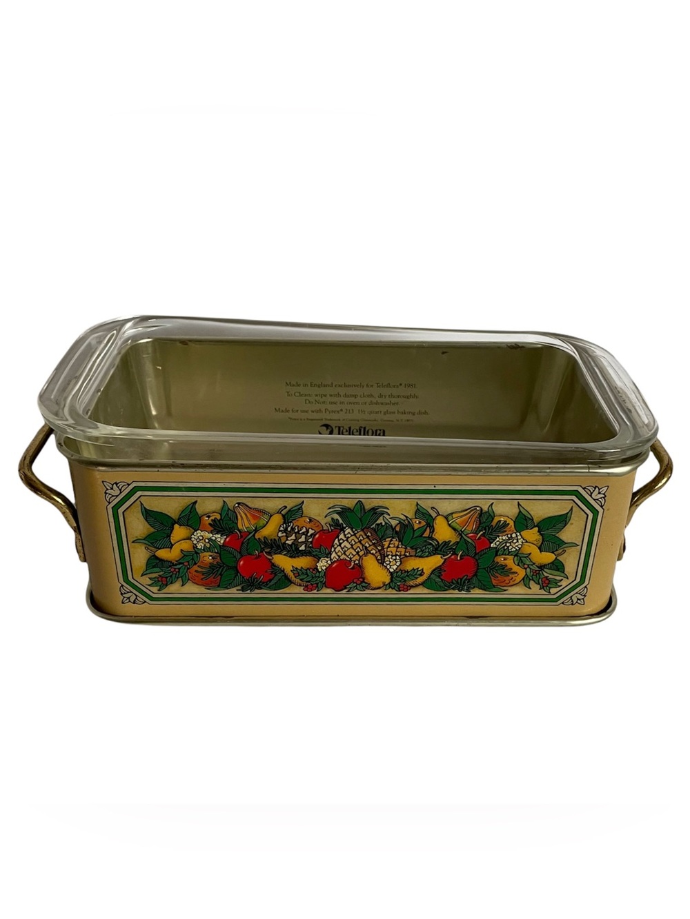 Vintage PYREX 1.5 Qt Glass Loaf Pan #213 with Metal Fruit Harvest Server Holder